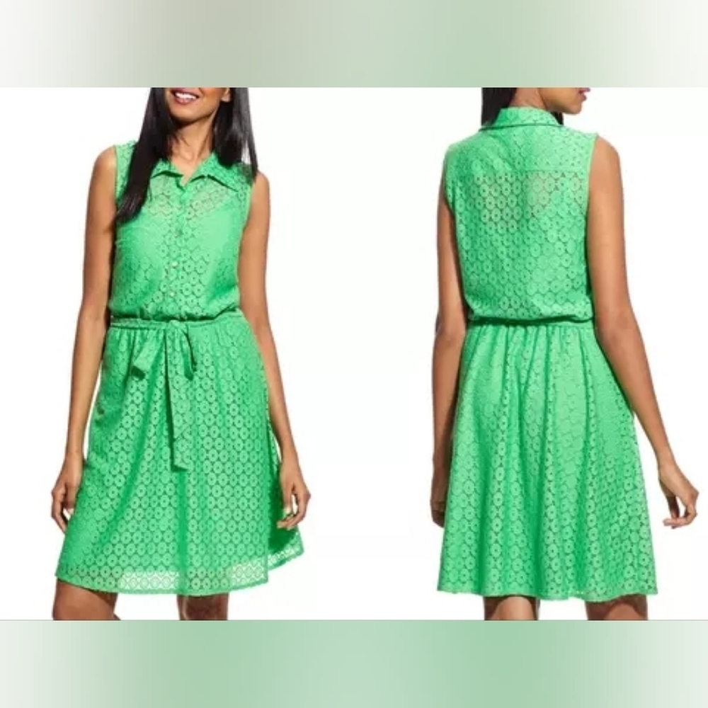 {Emma & Michele} Green Eyelet Sleeveless Lace Belted Dress - Size 12 - Picture 3 of 15